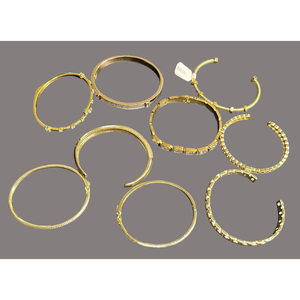 LOT OF 9 BRACELETS Cuff and Bangle Bracelet CLEAR STONES Gold Tone ELEGANT BLING